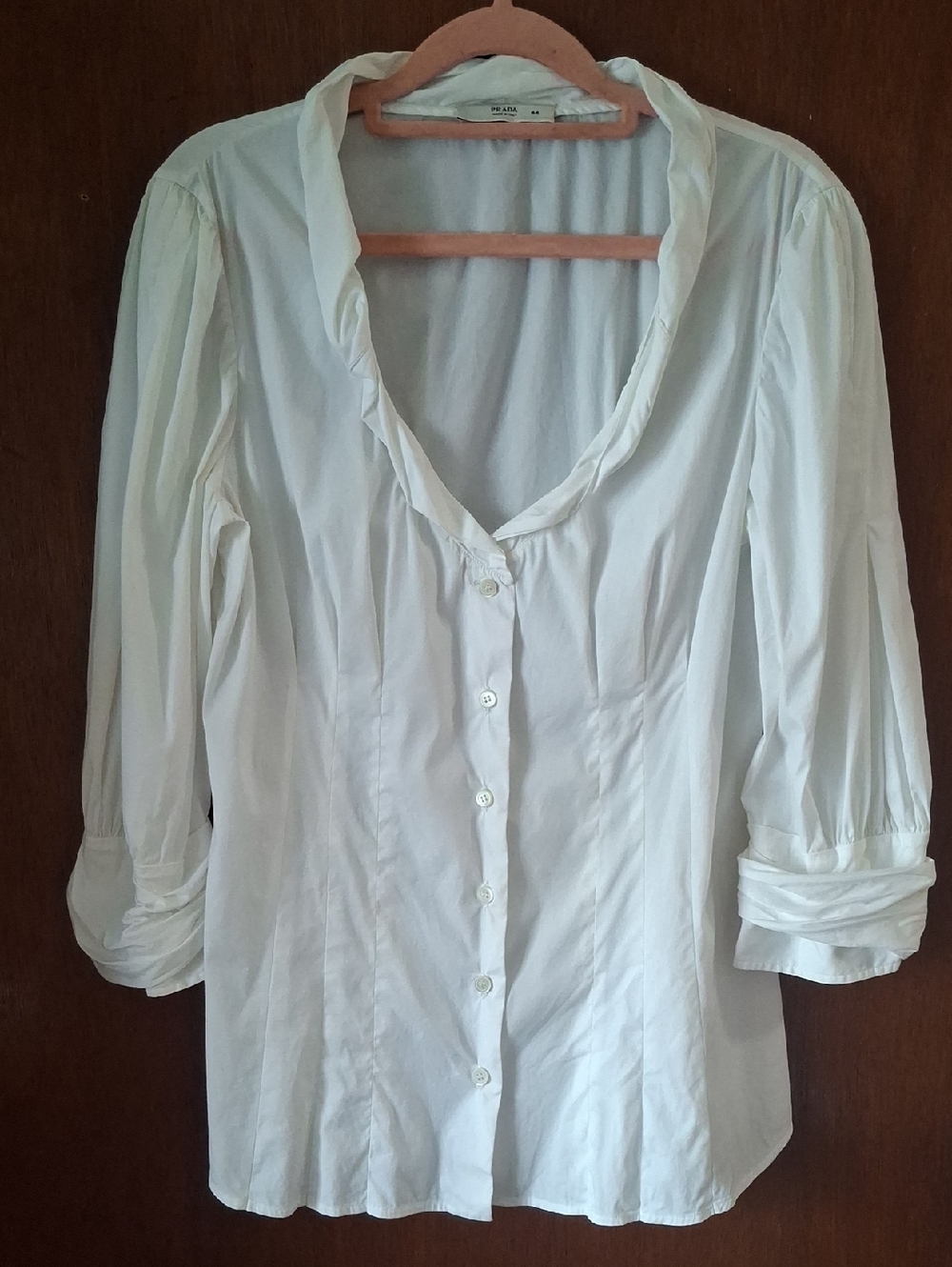 Prada White Ruffled Collar Button-Down Blouse 3/4 Sleeve Cotton Tailored
